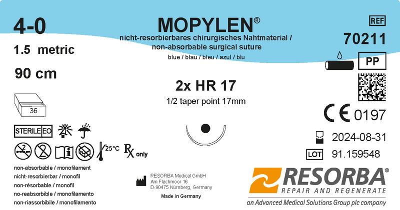 Мопілен USP 4-0 синій, довжина 90см, дві колючі голки 17мм, 1/2 кола